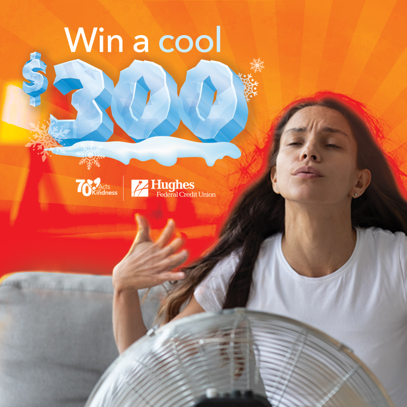 Woman fans her self with text reading win a cool $300