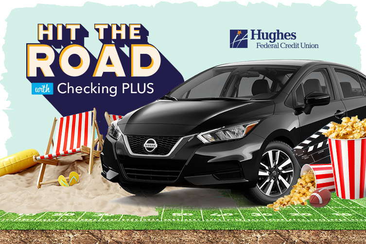 A black Nissan Versa sits on top of a football field with popcorn, football and movie elements alongside the vehicle. The words hit the road with checking plus float in the left hand corner above a mini beach scene