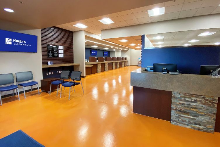 The inside of the Hughes FCU Pantano branch.