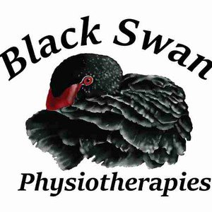 Black bird with a red beak with business name in black text