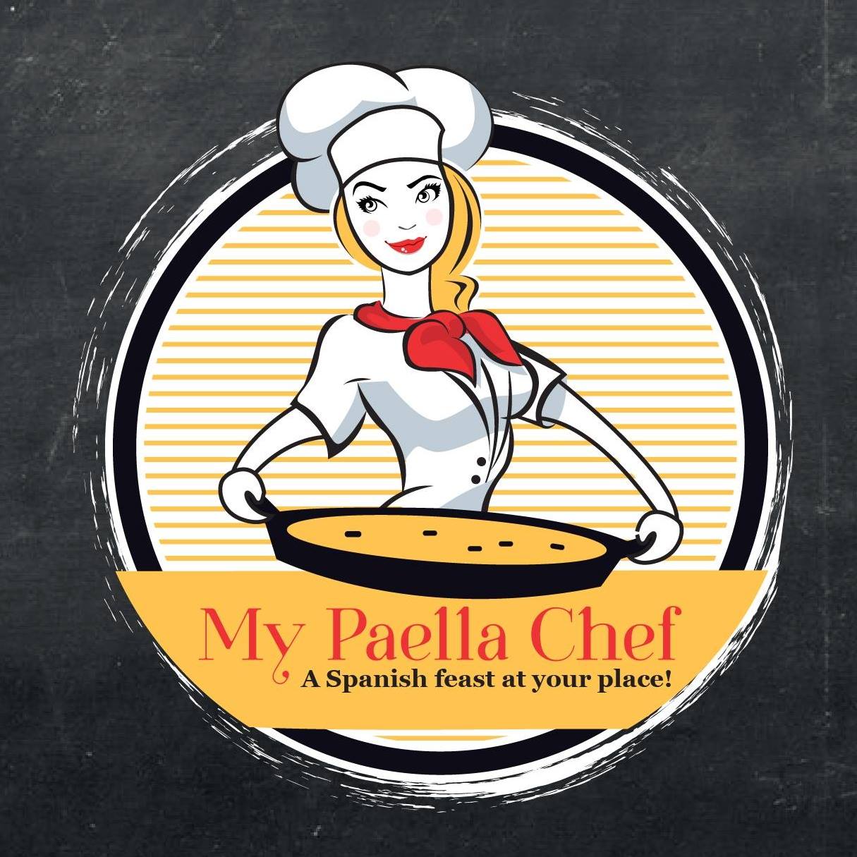 Drawing of a blond woman in a chef's outfit holding a black pan.