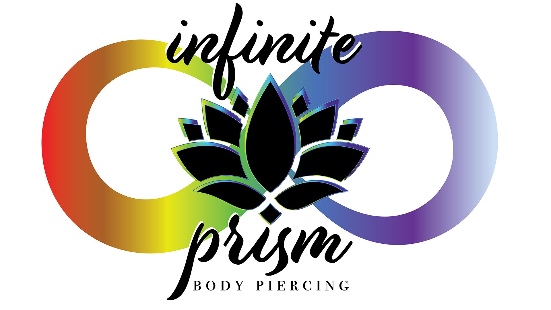Rainbow infinity symbol with black text and a black lotus drawing.