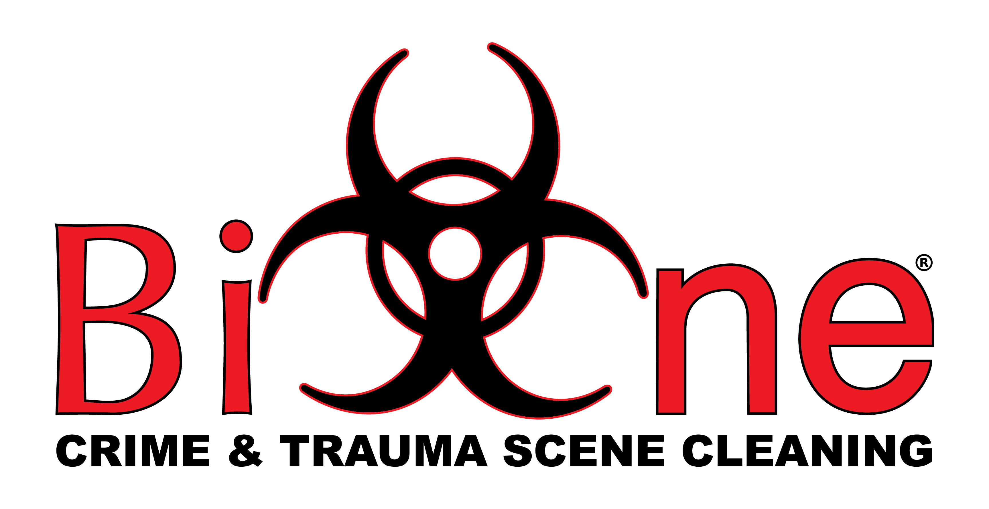 Red and black text logo with biohazard symbol