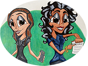 Drawings of two women holding a calculator and a piece of paper.