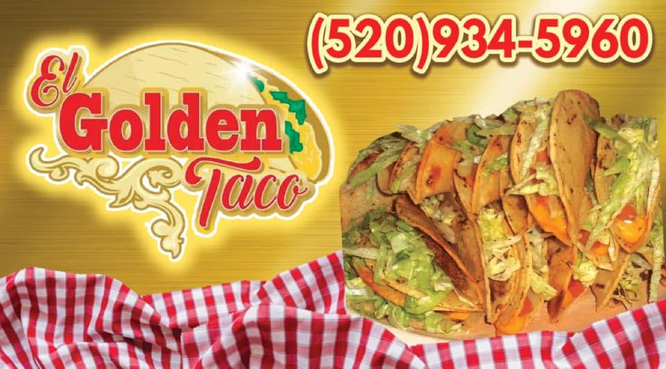 Tacos on a red and white cloth with a yellow background, red text on a taco