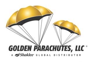 Black text on a white background with two gold parachutes