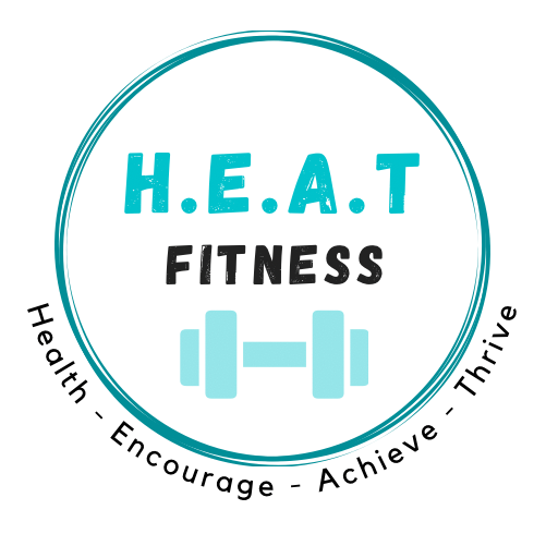 Health, Encourage, Achieve, Thrive around a turquois circle with HEAT Fitness and a dumbbell inside