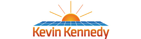Orange and yellow text under blue solar panels and a yellow sun