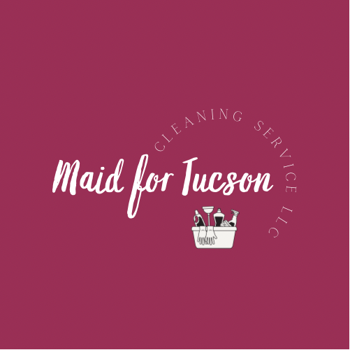 Pink square with white text and bucket of cleaning supplies